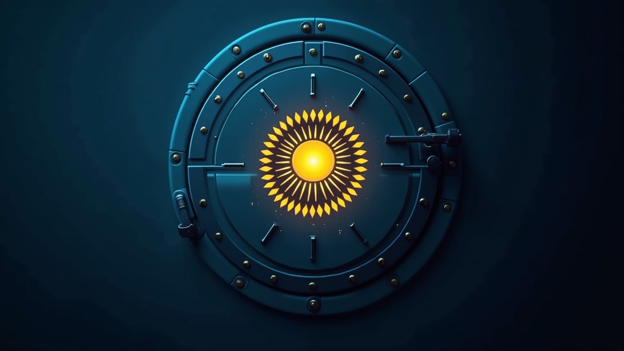 Photorealistic vault door with a holographic crypto index in Kazakh flag hues, symbolizing sovereign asset strategy.