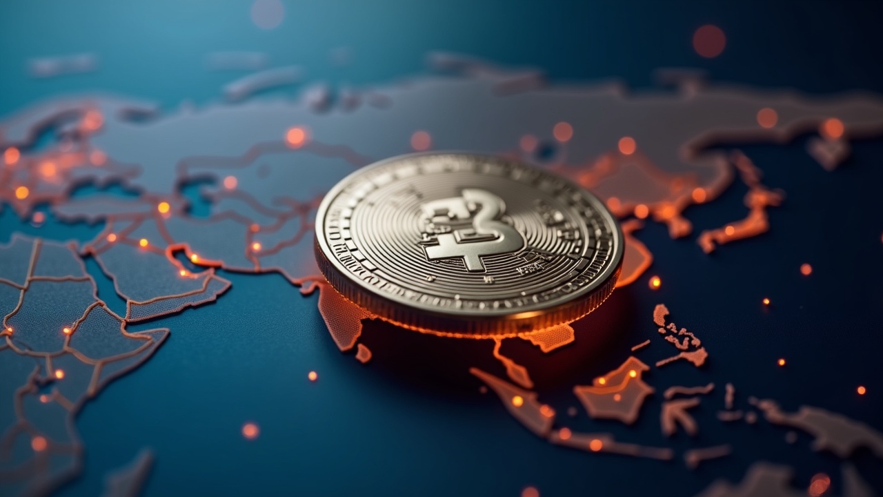 Close-up of a KRWQ token hologram over a blurred Asia map with Wall Street glow, signaling FX disruption and regulatory scrutiny.