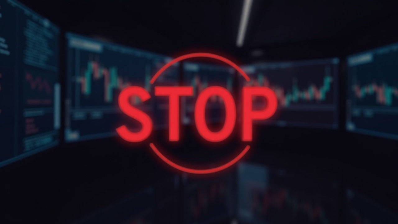 Photoreal image of KuCoin logo beside a red stop sign, with blurred trading screens, indicating regulatory crackdown.