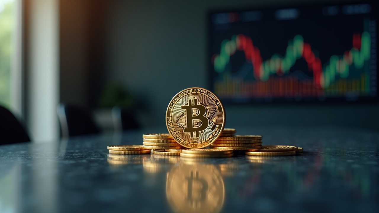 Photorealistic closeup of a Bitcoin coin on a conference table with a stock ticker, signaling corporate treasury accumulation.