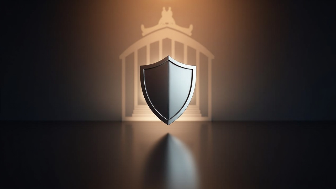 Photorealistic header of a non-custodial crypto donation UI beside a custody shield, with a soft courtroom backdrop.