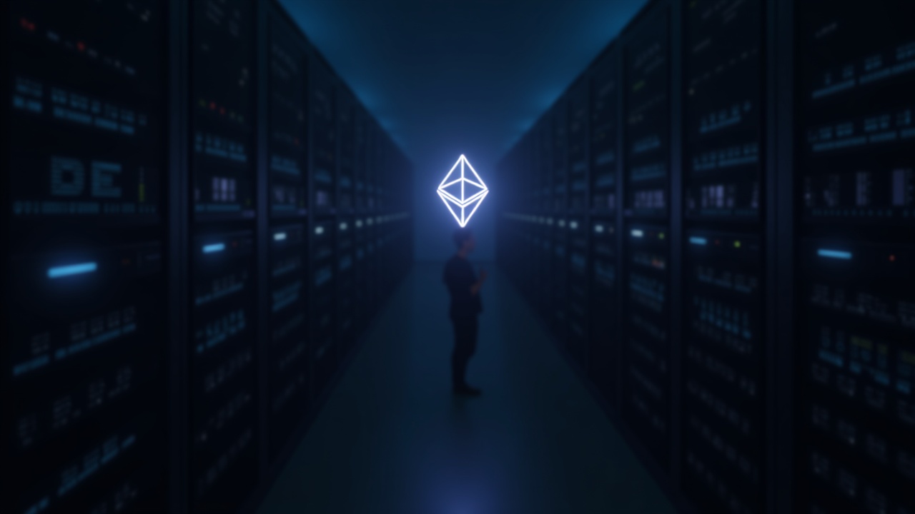 Photorealistic header: glowing ETH staking button, minimalist data-center backdrop, Vitalik silhouette, editorial lighting.