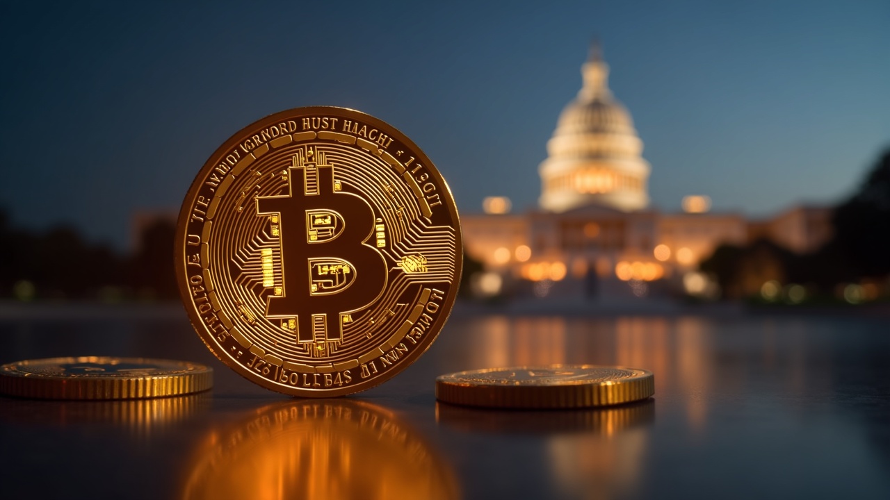 Close-up of a glowing private dollar token beside a paused CBDC emblem, with a blurred Senate chamber in the background.