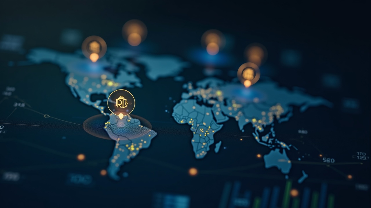 Photorealistic corporate treasury desk with RLUSD and stablecoin icons orbiting a world map above cash-flow dashboards.
