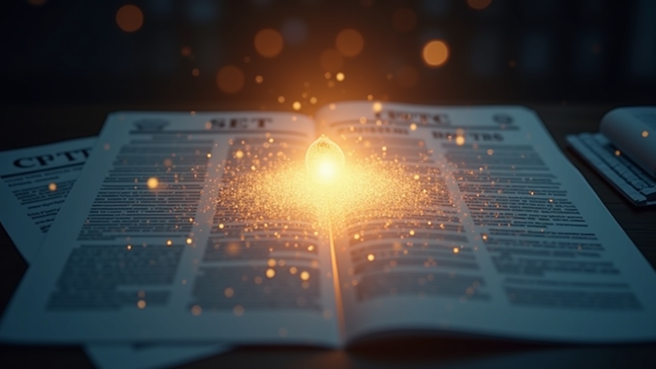 Editorial crypto desk with SEC and CFTC documents converging toward a glowing blockchain core.