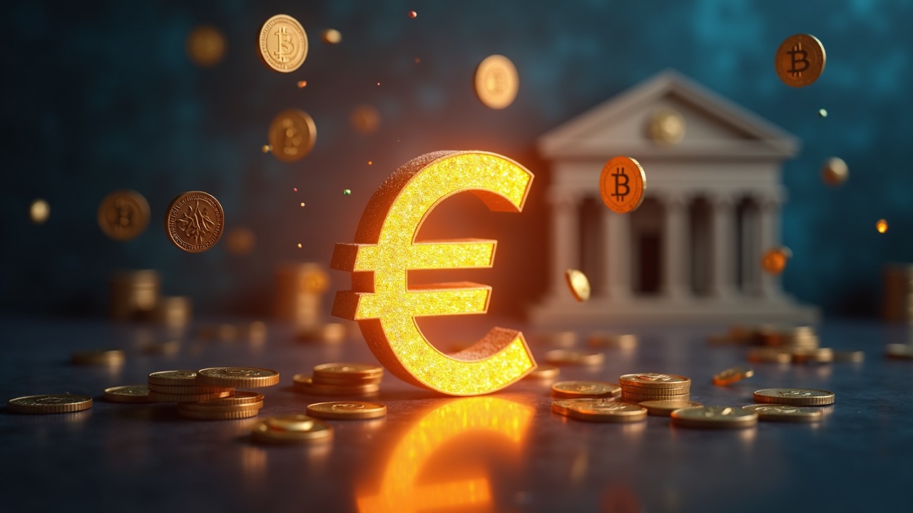 Photorealistic close-up of a glowing euro symbol eclipsed by floating stablecoins, with a blurred central bank vault and regulatory icons.