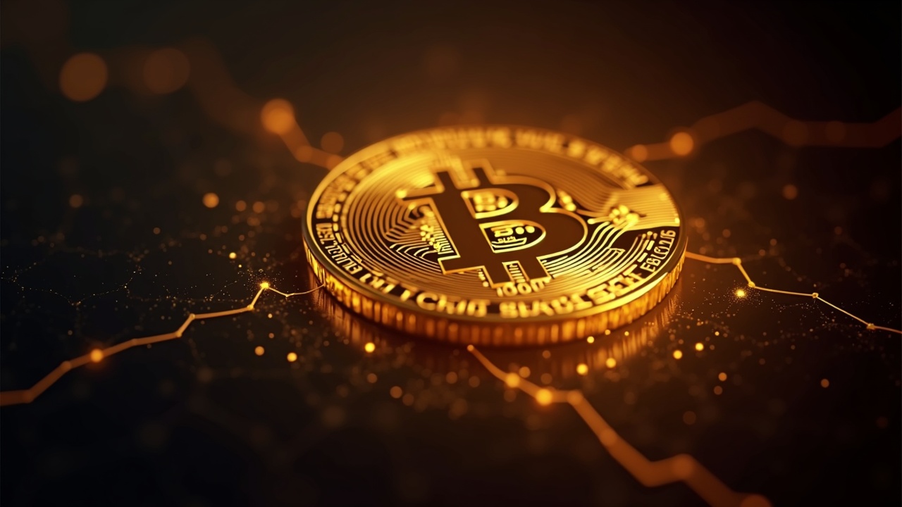 Close-up of a glowing tokenized gold coin with a blockchain network overlay and 24/7 price ticker