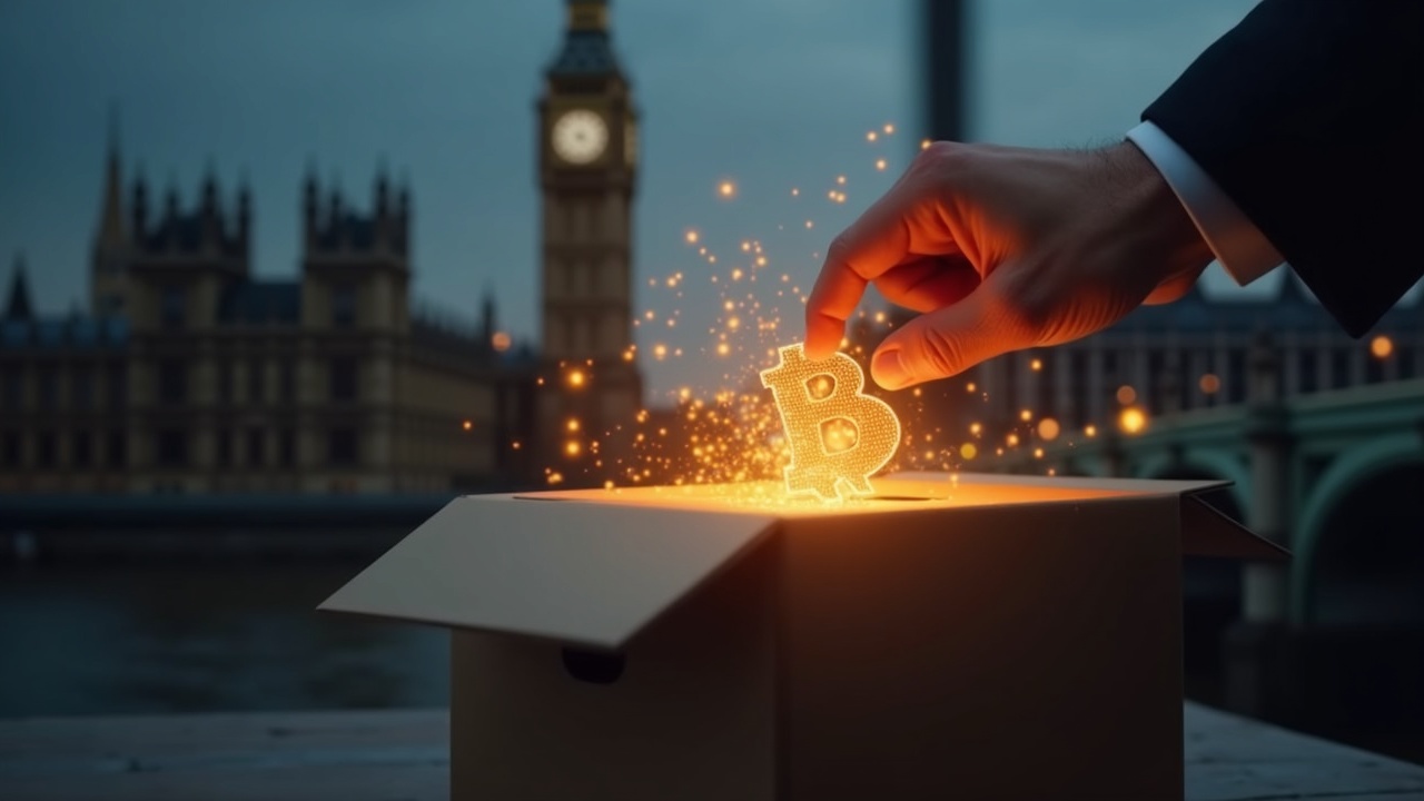 Photo-realistic close-up of a glowing blockchain map flowing into a donation box, Parliament blurred in the background.