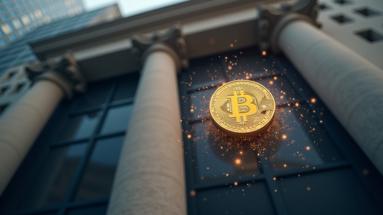 Photorealistic scene of a crypto firm logo blending into a US bank facade under soft lighting.