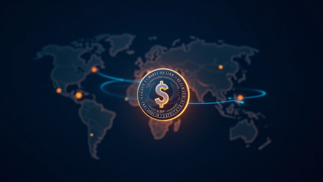 Photorealistic header: glowing USDPT token linked to Solana with Western Union blue glow for instant cross-border remittance.
