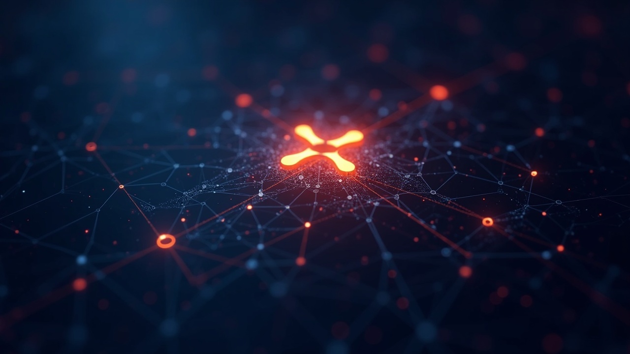Glowing XRP symbol atop a decentralized network grid with streaming cross-border settlement lines and tokenized RWAs.