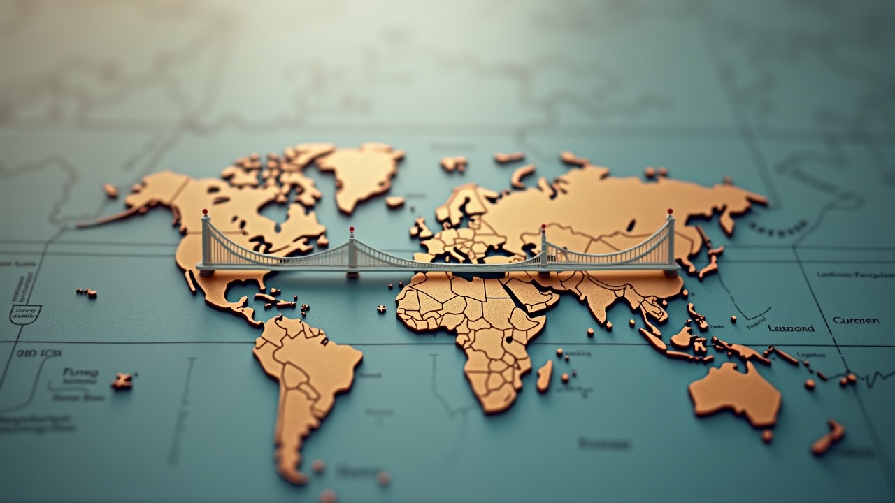 Photorealistic XRPL bridge over a muted world map linking fiat currencies with a single token in focus.