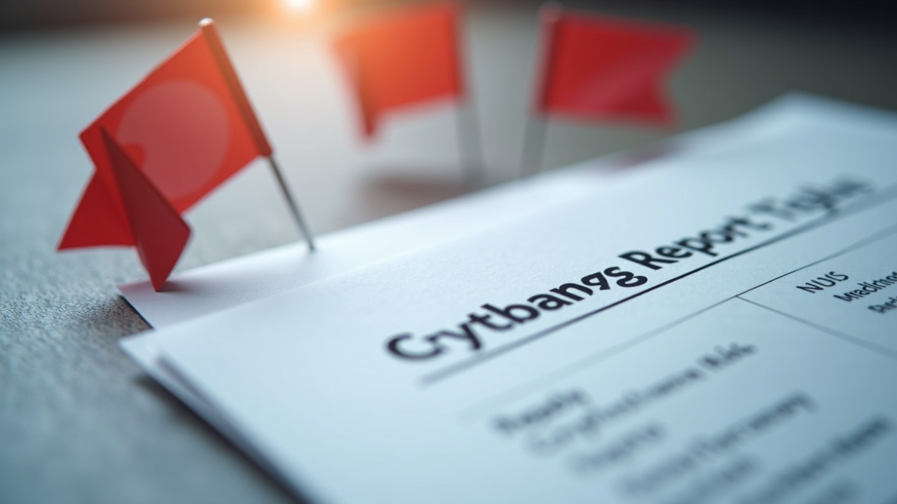 Photorealistic close-up of a crypto compliance report with red flags, signaling regulatory scrutiny.