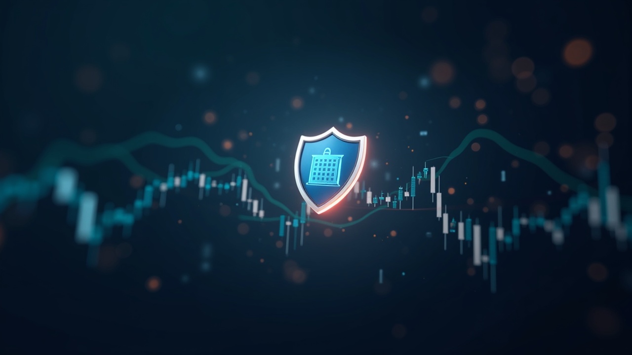 Digital shield over a muted crypto chart, softly lit in neutral tones, illustrating regulatory safeguards against a crash.