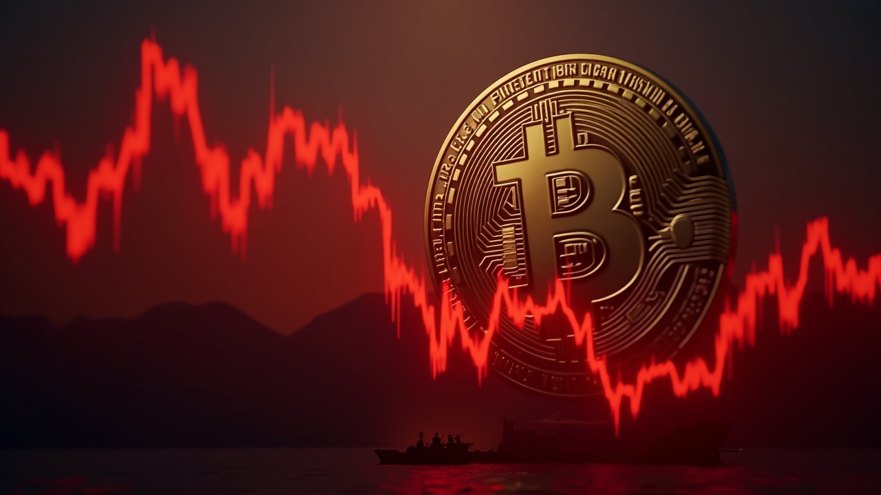 Fotorrealistic Bitcoin logo over a red bearish chart with a naval ship silhouette near the Strait of Hormuz.