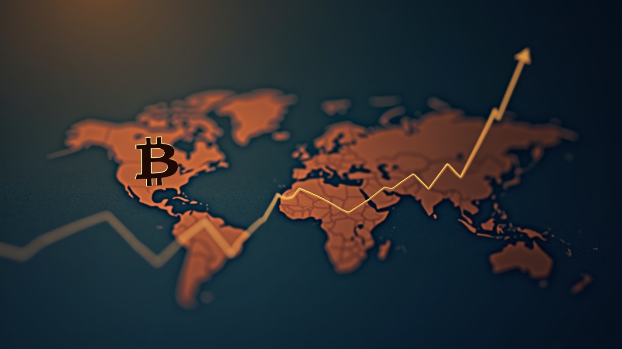 Bitcoin symbol rises over a muted world map with a rising price chart, editorial lighting for a risk-on crypto rally