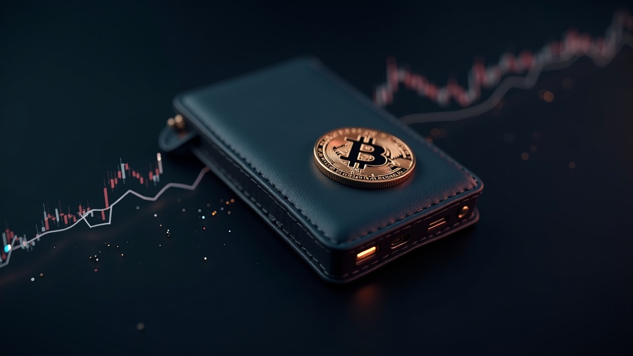 Hyperrealistic hardware wallet with BTC flowing into cold storage, soft-on-chain chart in the background
