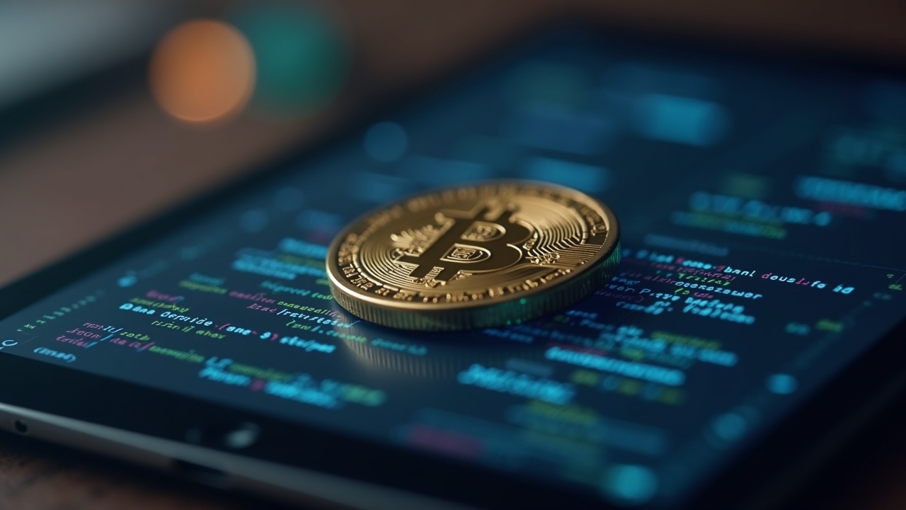 Photoreal tablet showing a programmable bank deposit token with blockchain code and a blurred Seoul emblem.