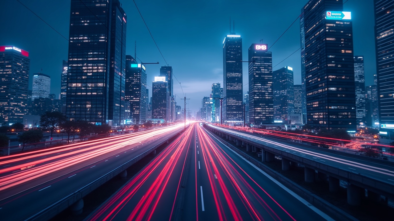 Glowing data highway through a futuristic cityscape, symbolizing BNB Chain Osaka's 20,000 TPS upgrade.