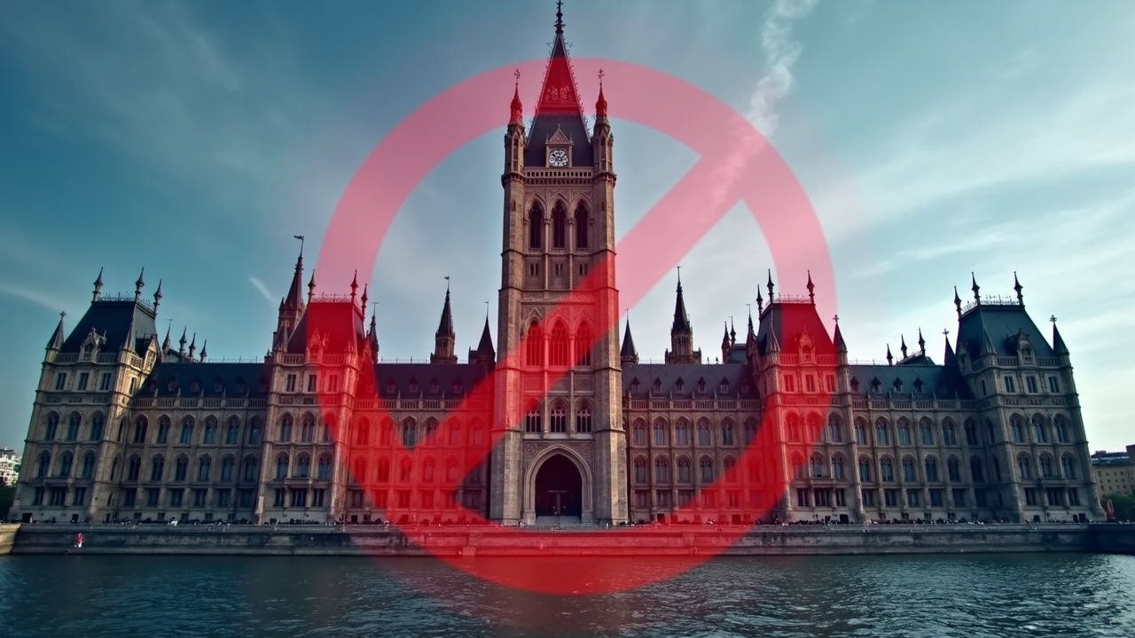 Photorealistic Canadian Parliament chamber with a blockchain overlay and a red stop sign over crypto donations.
