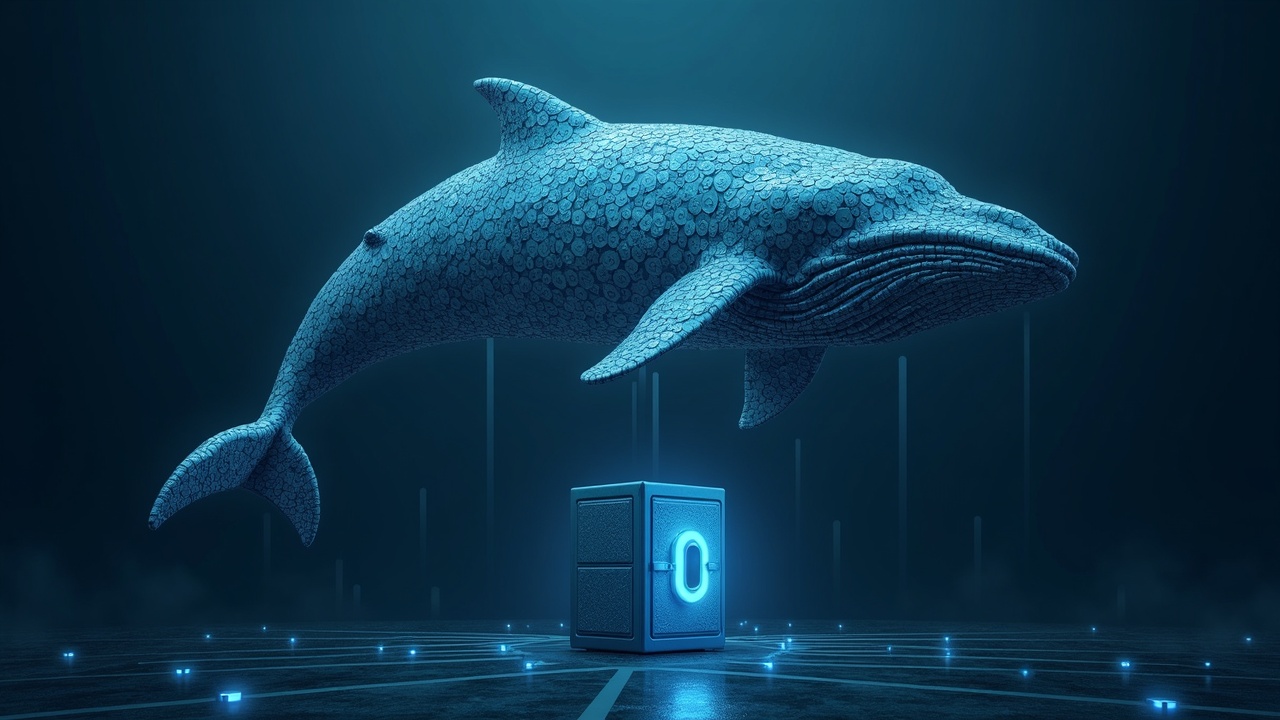 Photorealistic whale formed from LINK tokens looming over a high-security vault with faint cross-chain network lines.