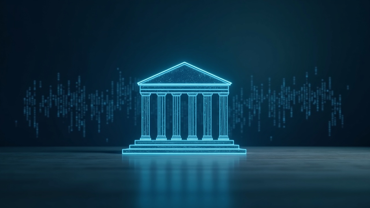 Photorealistic bank lending desk with transparent blockchain ledger overlaying tax data under neutral lighting