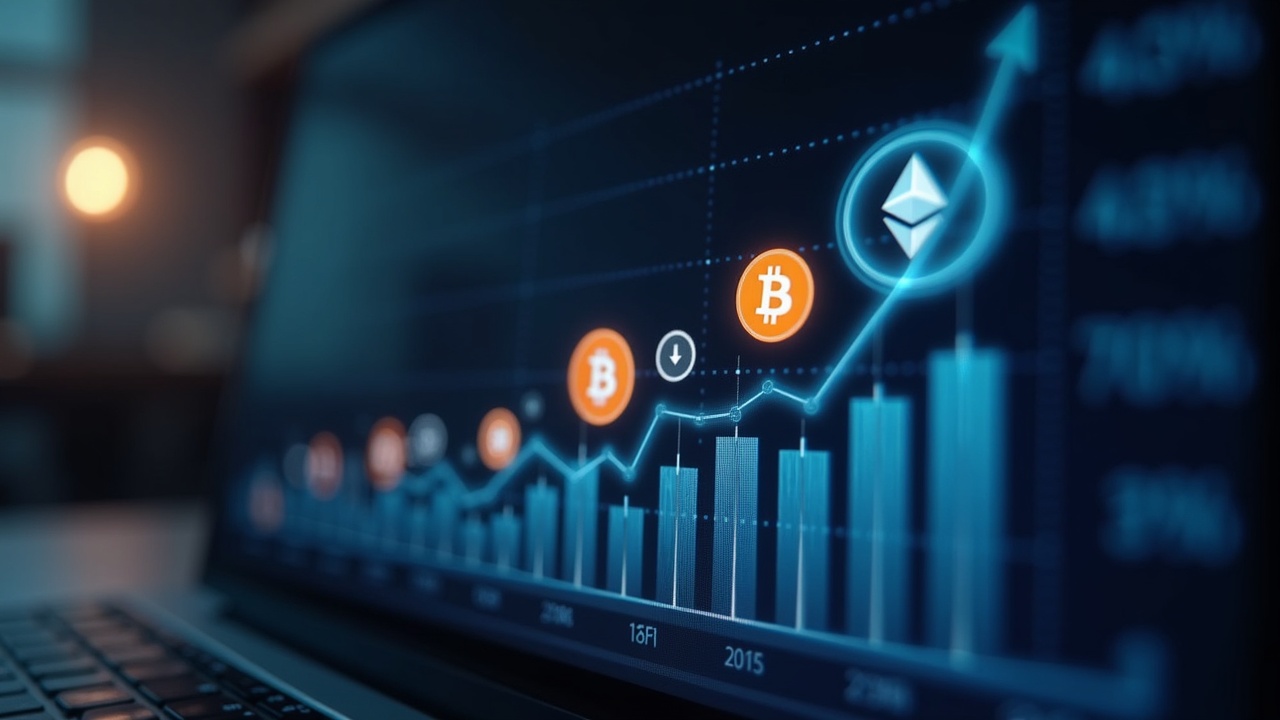 Photorealistic header showing a rising BTC/ETH ETF bar chart on a digital screen, with newsroom lights and a blurred trading desk in the background