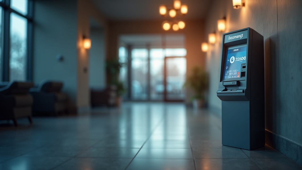 Decommissioned crypto ATM in a softly lit neutral lobby, with a faint maple leaf and AML overlay signaling regulatory crackdown.