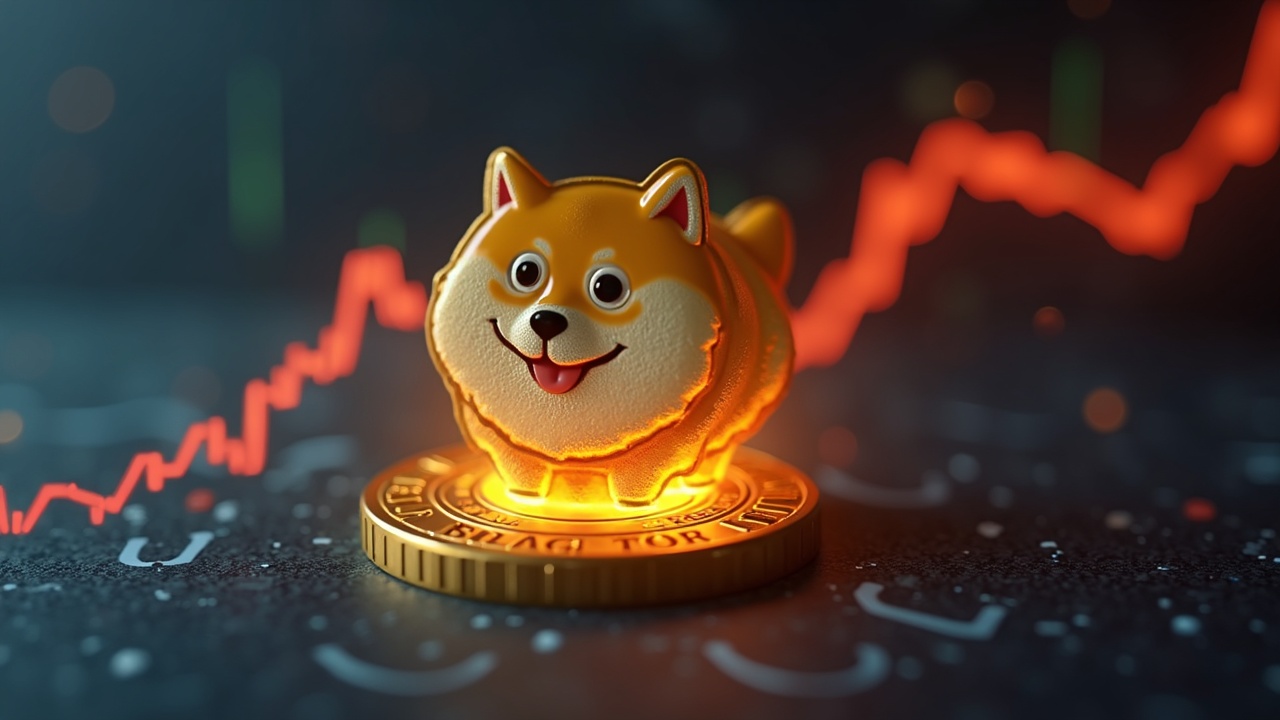 Photorealistic Dogecoin coin with a glowing rising-price chart against a soft newsroom-style financial backdrop