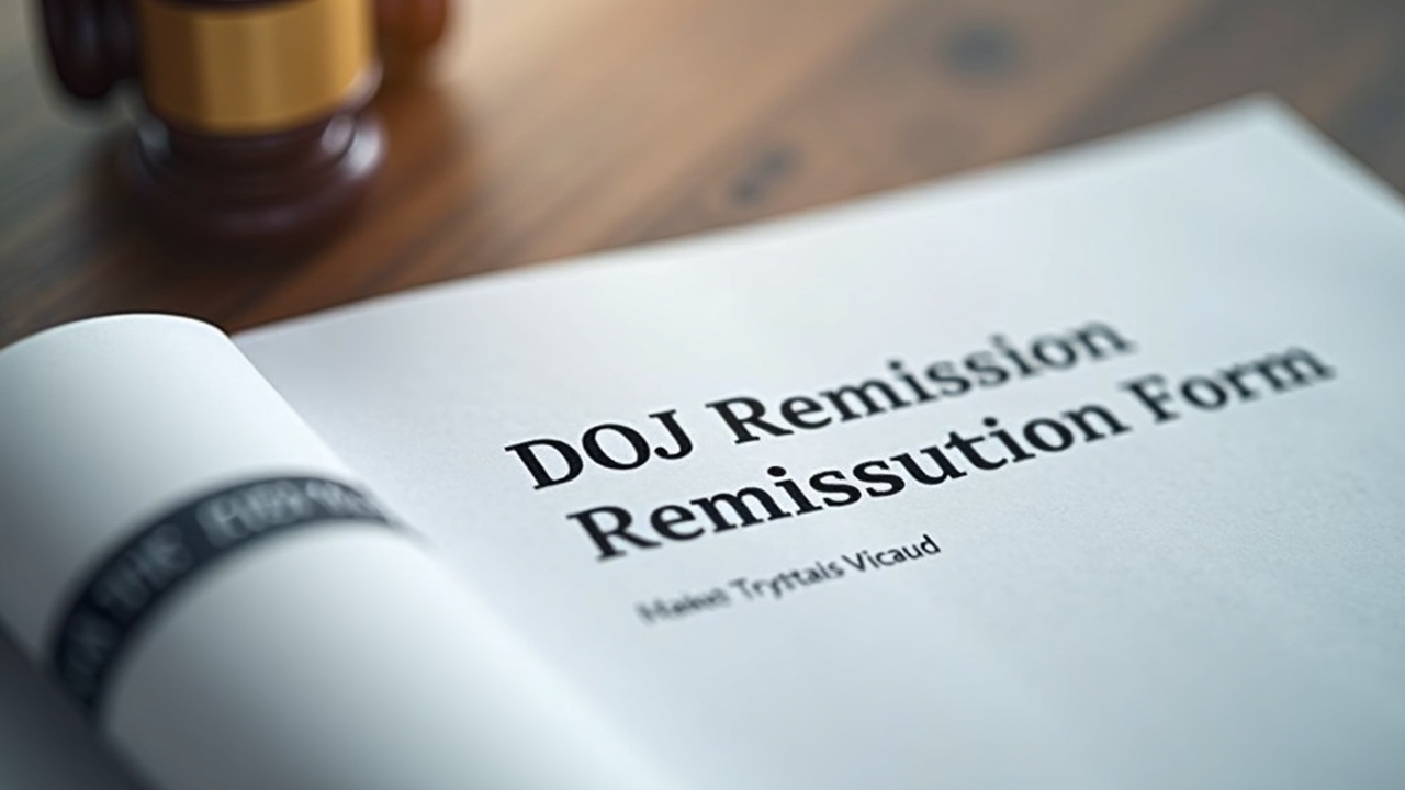 Close-up of a DOJ remission form with an official seal, symbolizing restitution for crypto fraud victims.