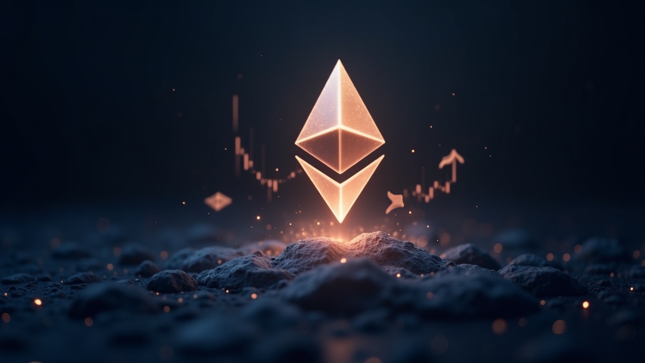 Photorealistic close-up of a glowing Ethereum logo with whale silhouettes and rising on-chain charts.