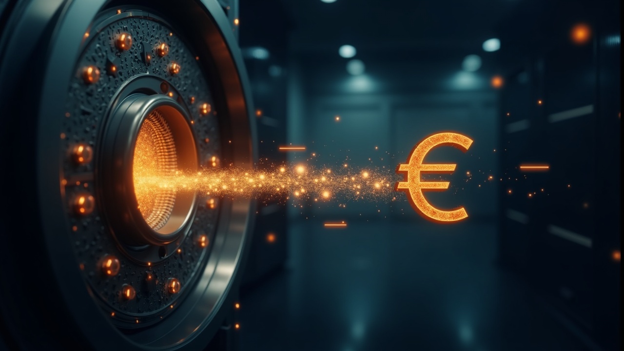 Photorealistic bank vault with holographic euro tokens flowing into a glowing on-chain ledger, MiCA-ready.