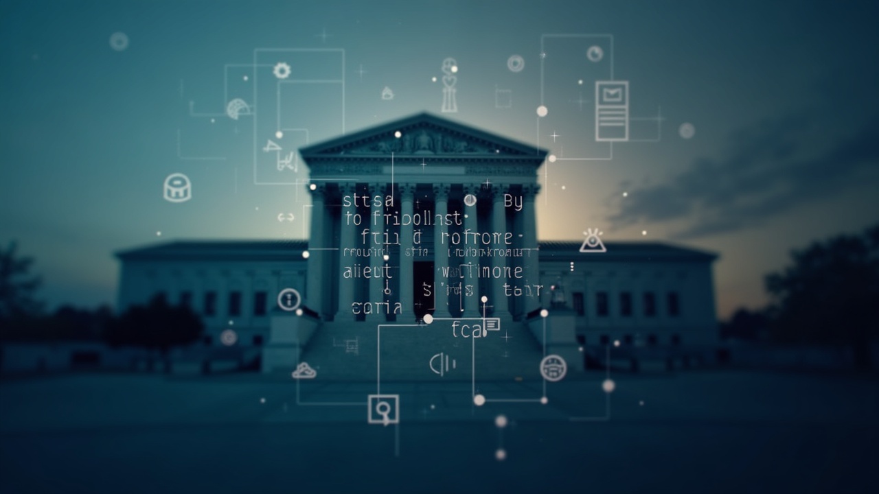 Photo-realistic federal courthouse silhouette with a digital grid of contract icons in muted tones.