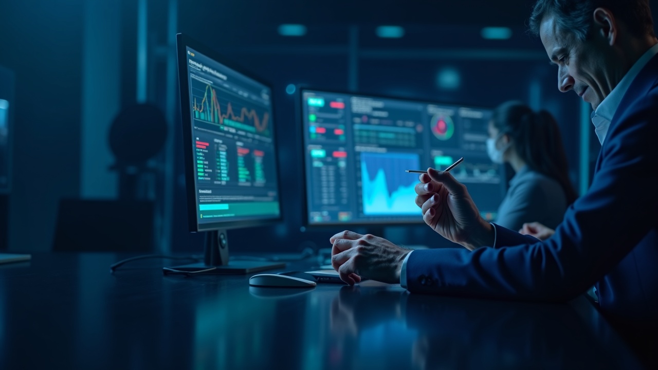 Photorealistic scene of institutional traders reviewing digital event contracts on glowing screens with blockchain motifs.