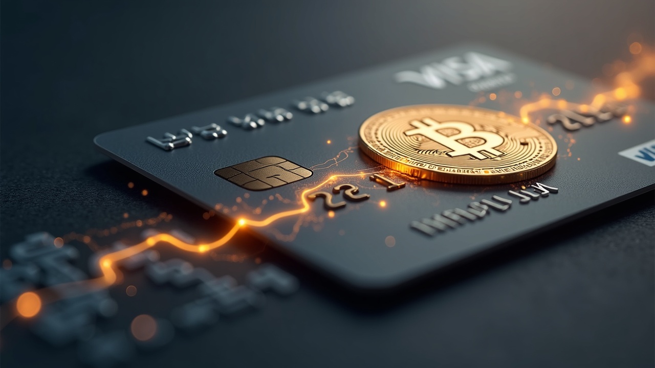 Close-up of a Bitcoin-themed crypto card linked to a glowing ledger path illustrating BTC bill settlement on Visa.