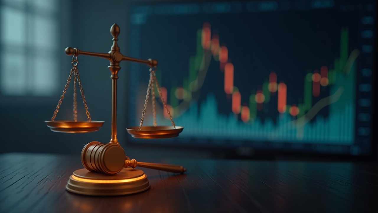 Glowing balance scale holds a gavel and a digital market chart before a blurred courthouse backdrop.