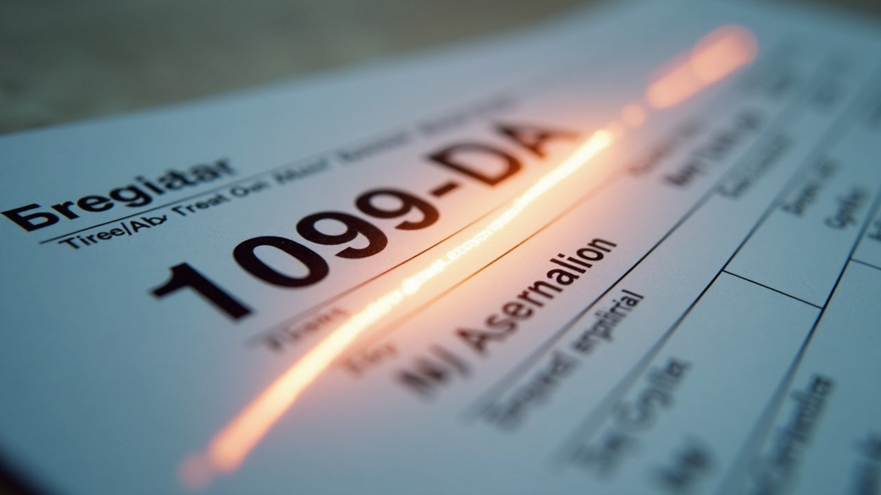 Close-up of a Form 1099-DA with micro crypto transfers toward a glowing de minimis threshold line, signaling relief.