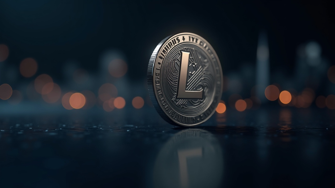 Photorealistic Litecoin logo in the foreground with a rewound ledger timeline, neutral lighting, clear focus.