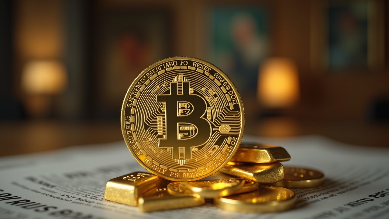 Close-up of a crypto coin with forged audits and fake art certificates, reflecting gold bars and paintings.