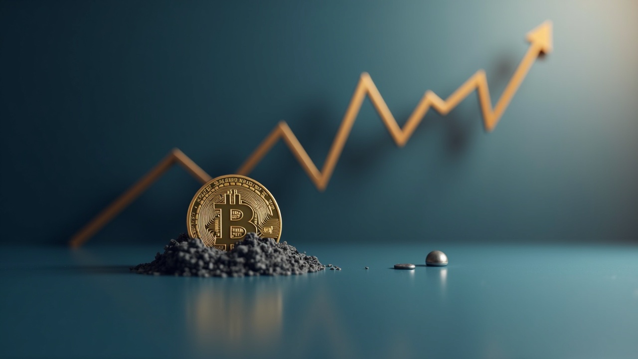 Photorealistic header: Bitcoin symbol sinks along a downward spiral graph in a minimalist newsroom, illustrating risk.