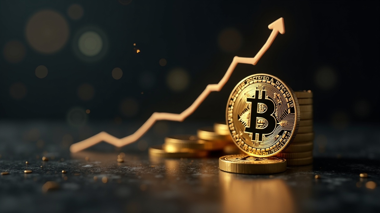 Close-up of a Bitcoin coin with a rising timeline and a faint corporate logo, illustrating treasury concentration.