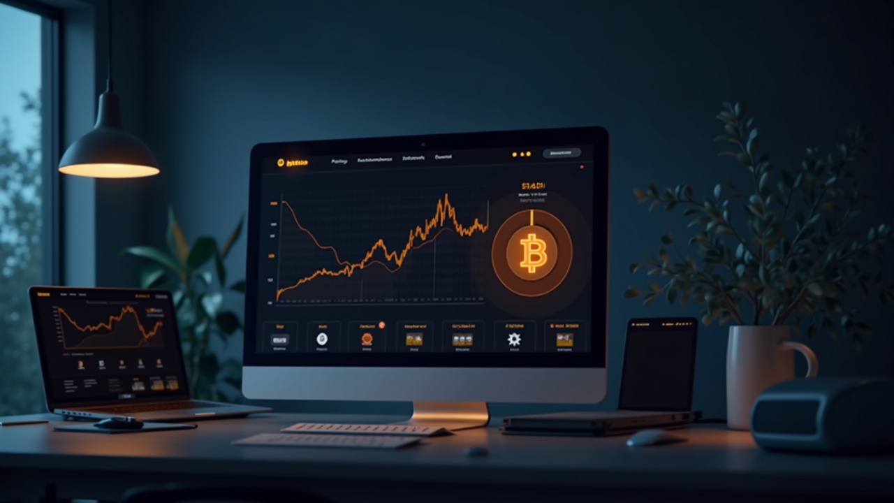 Photorealistic desk with a monitor displaying Bitcoin icons and an orange StrategyTracker dot.