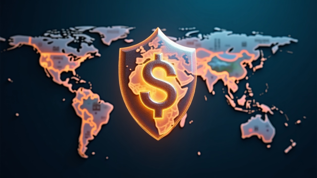 Custody shield cradling a glowing USDC glyph morphing into fiat notes over a global 190-country network map.