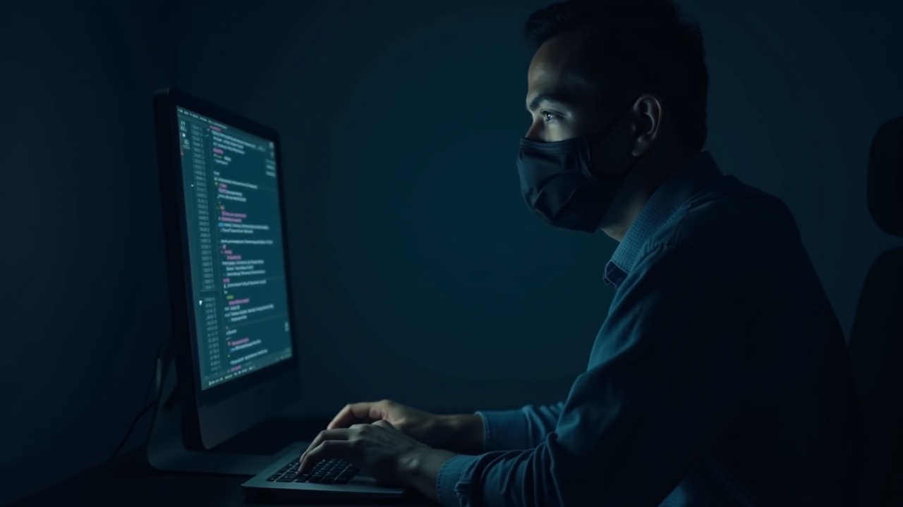 Photorealistic portrait of a remote IT worker wearing a digital mask, with a screen displaying crypto transfers and redacted logs.