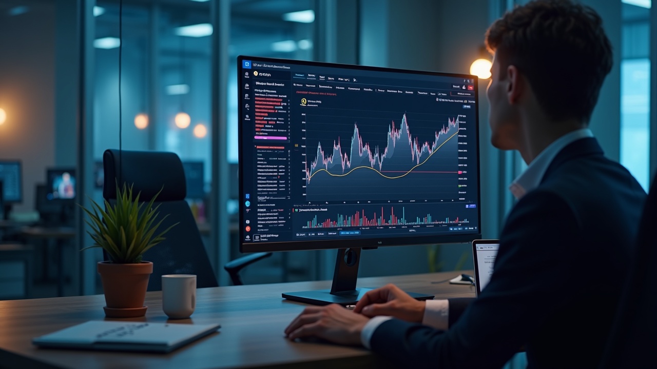 Office scene with a hi-res screen showing redacted insider data next to a prediction-market chart, signaling anti-corruption and regulatory vigilance