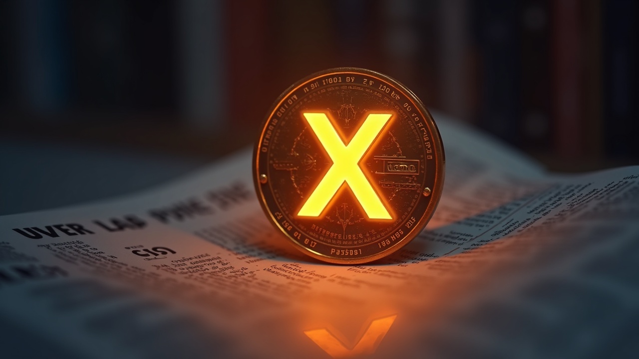 Close-up of a glowing XCN coin rising beside a faint Upbit logo, with a rising order book and newsroom lighting.