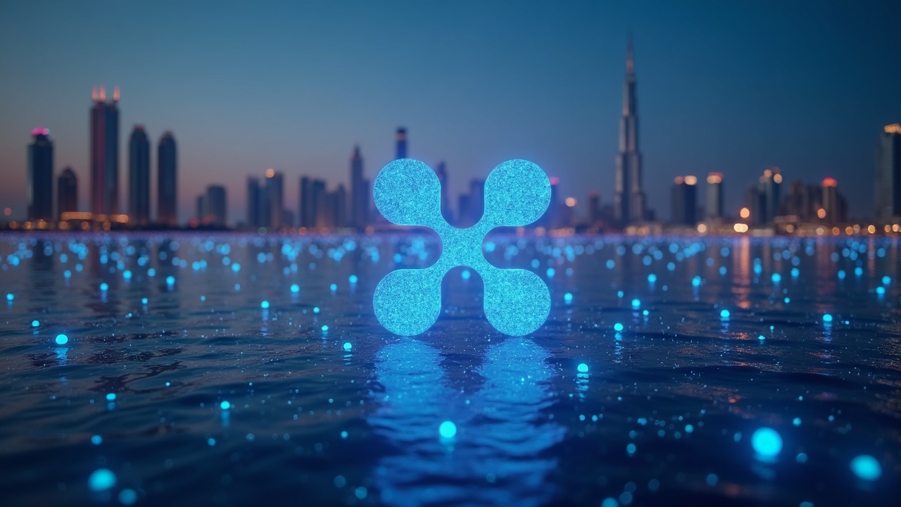 Photoreal Ripple logo over Dubai DIFC skyline with blockchain nodes, symbolizing MEA custody and cross-border settlements.