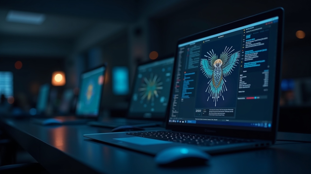 Editorial shot of Solana validator workstations showing Anza and Firedancer screens with Falcon post-quantum emblem.