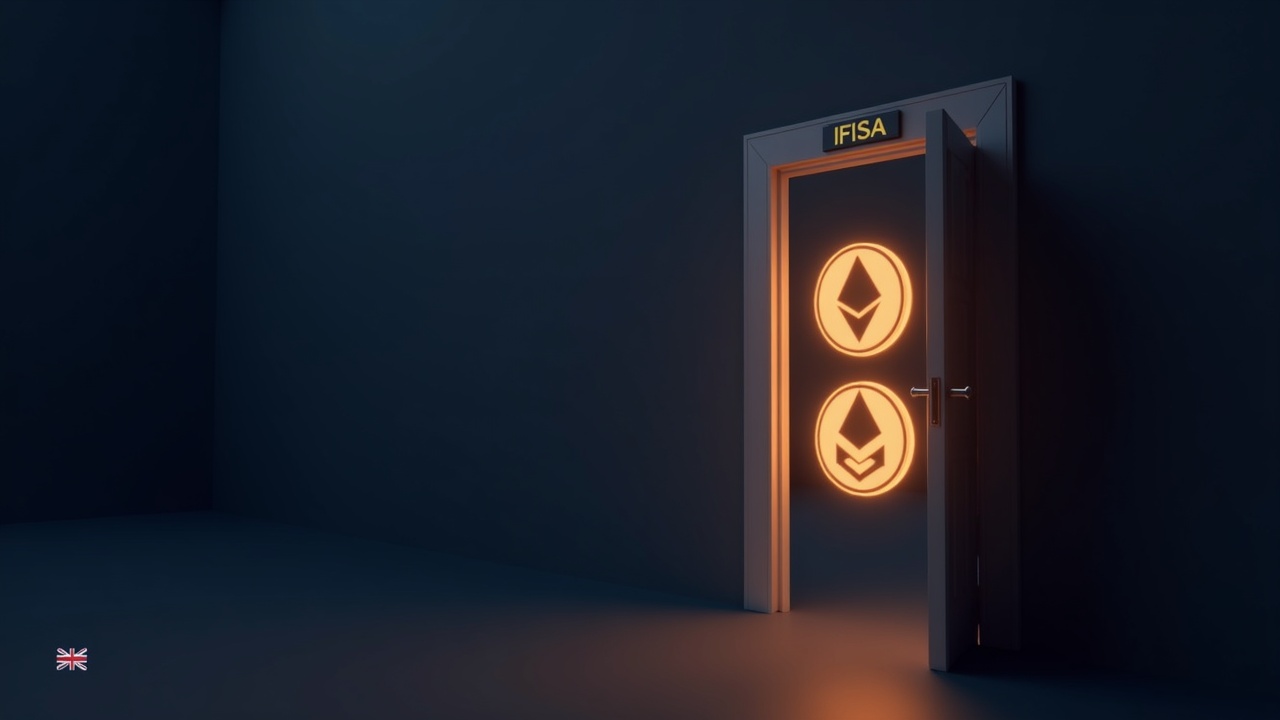 Photorealistic doorway labeled IFISA opens to glowing Bitcoin and Ethereum ETN icons with a UK flag watermark