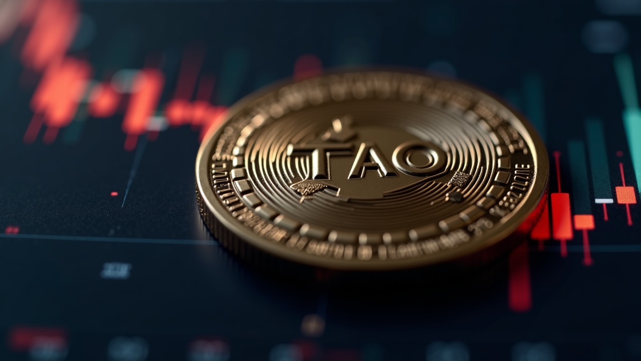 Photorealistic close-up of a TAO token emblem with a downward price chart in the background, signaling governance tension.